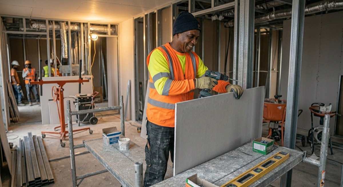 Artisan posant une cloison sur un chantier